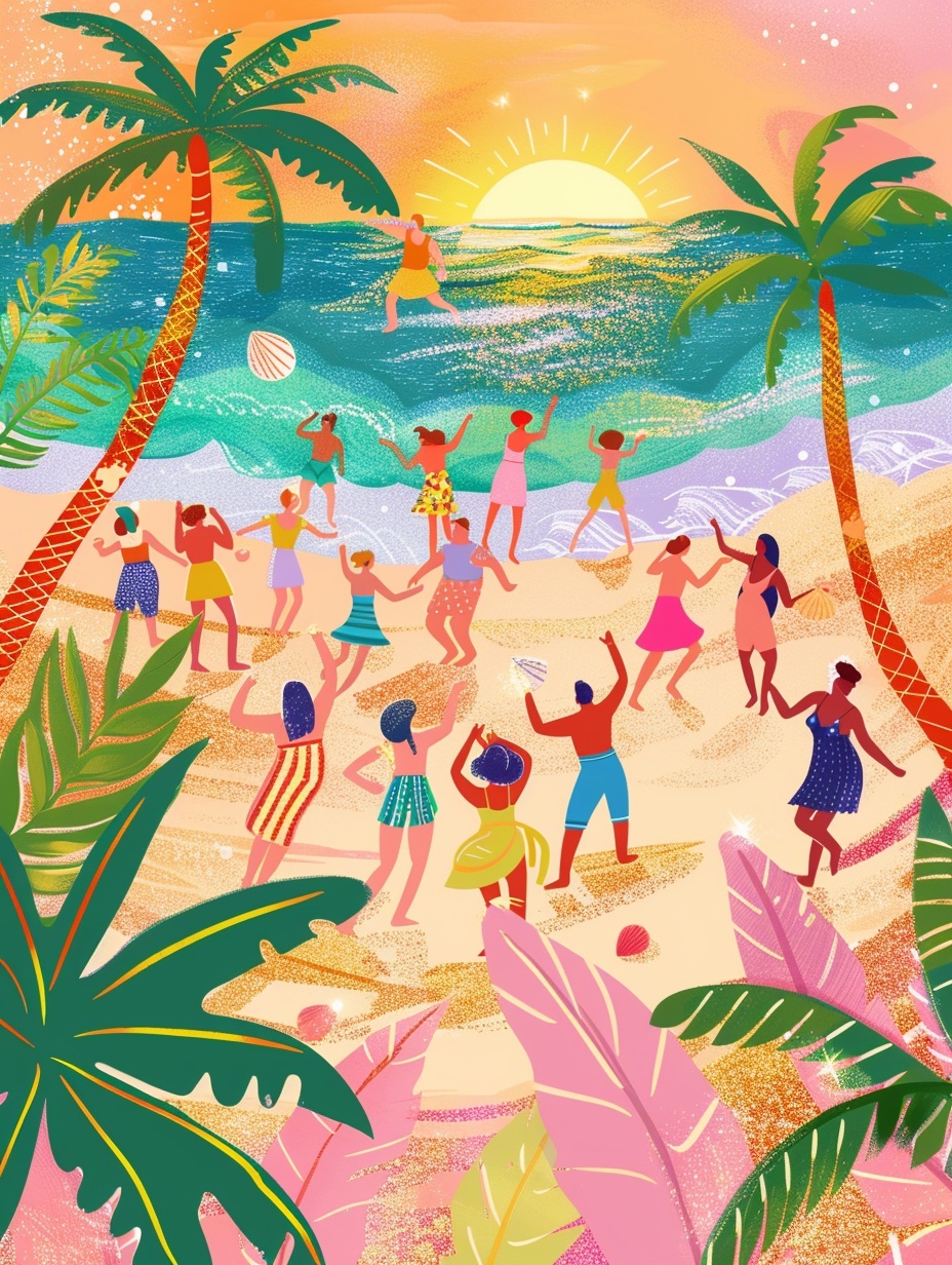 Colourful illustration of people dancing on the beach with palm trees