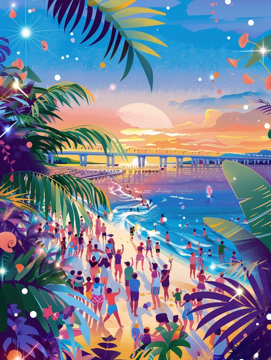 Colourful illustration of people dancing on Bribie Island beach at sunset